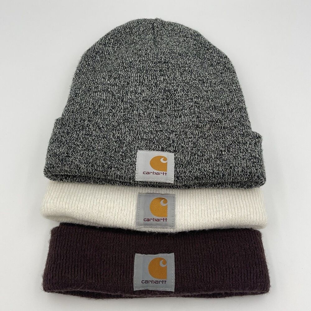 3 Carhartt Adult Knit Cuffed Beanie Hats Caps Logo - One Size Fits All - LOT
